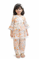 Kids Astha Zari Fabric Afghani Suit Set - Vibrant Orange Floral