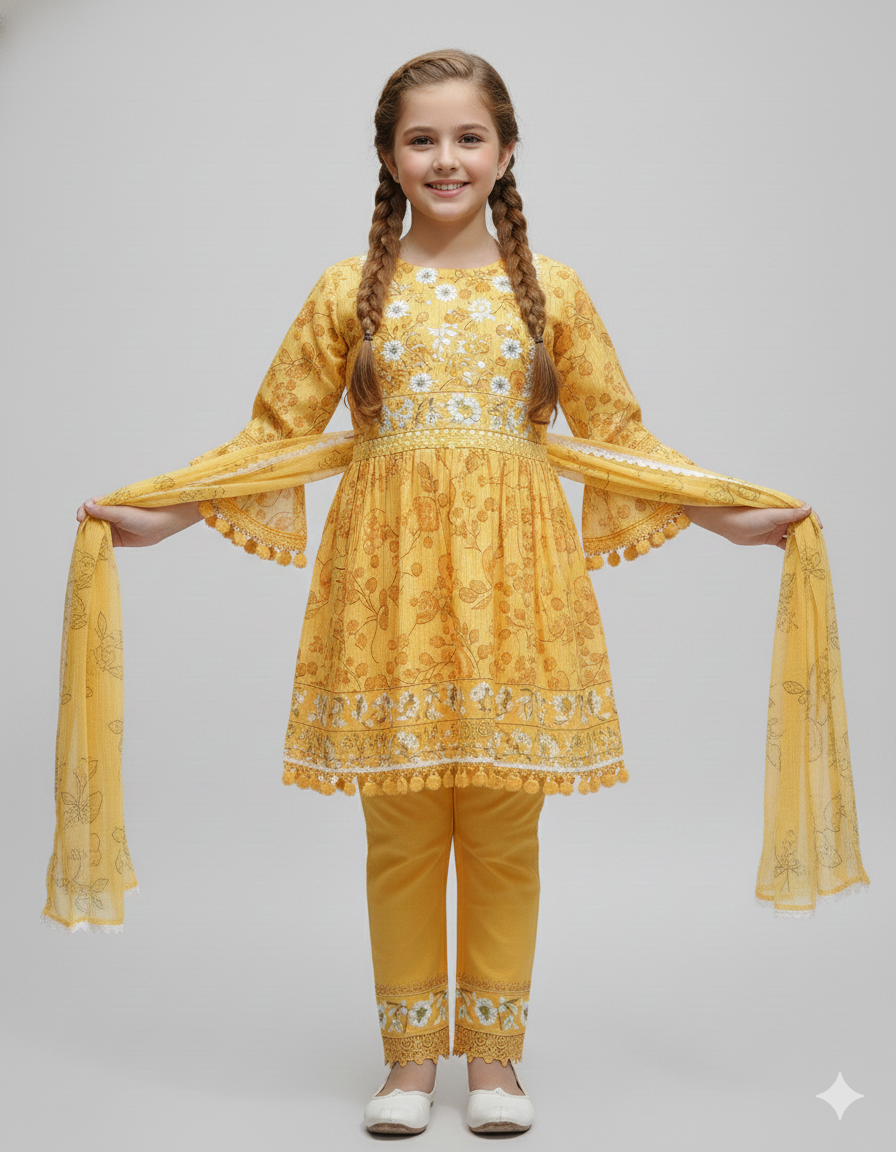 Girls' Mustard Yellow Rayon Salwar Suit Set with Floral Embroidery & Lace Trim