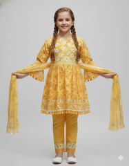 Girls' Mustard Yellow Rayon Salwar Suit Set with Floral Embroidery & Lace Trim